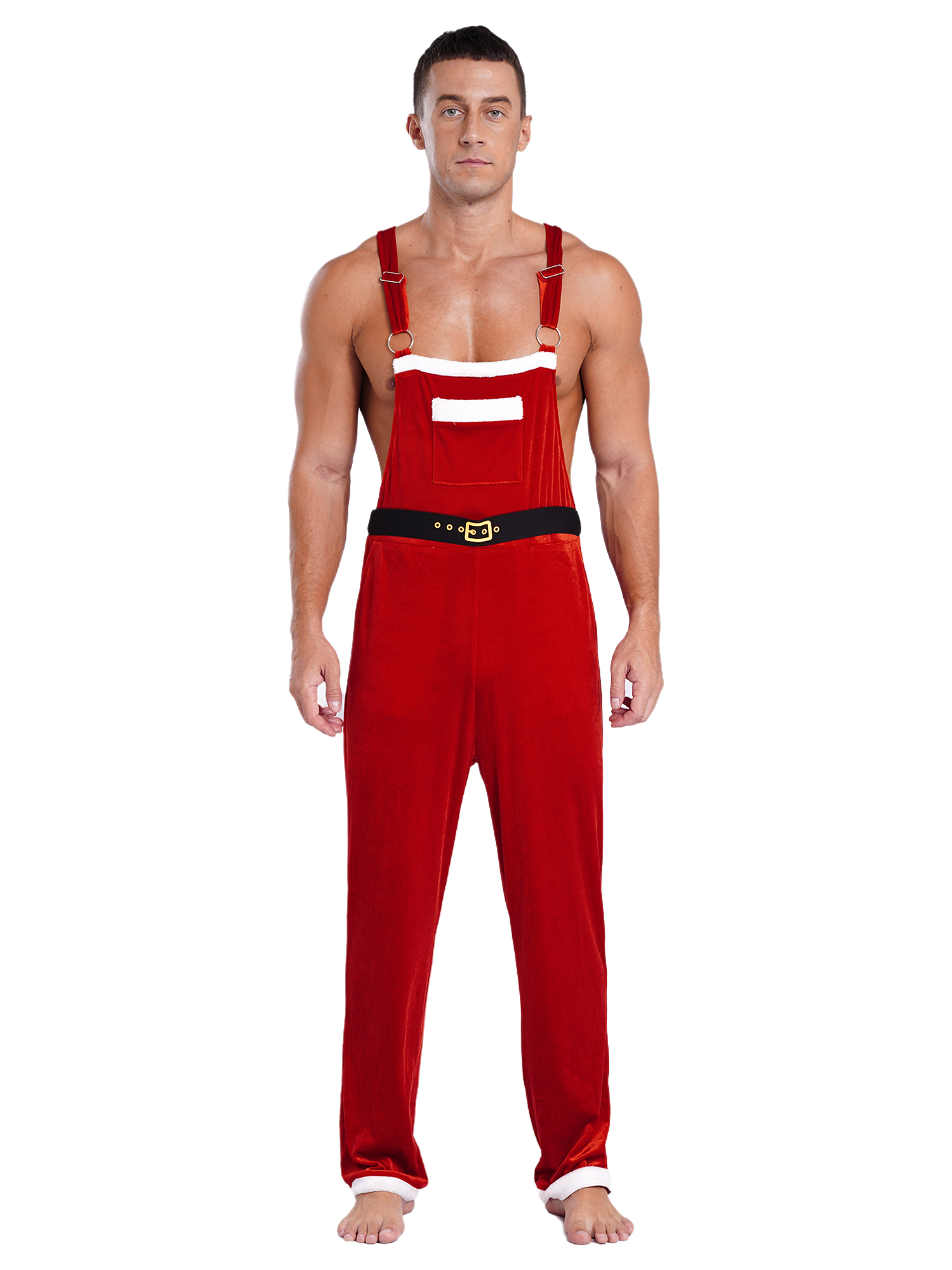 Sxiwei Men's Christmas Santa Claus Costume Flannel Santa Jumpsuit Xmas Festival Theme Party Bodysuit Red M
